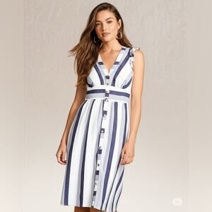 Point Sur Linen Midi Dress Striped Button Front Ruffle
Shoulder Preowned Size 2